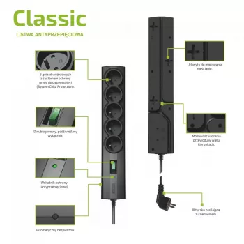 Überspannungsschutz-Steckdosenleiste EVER CLASSIC, 5x Typ-E-Steckdosen, 250 V, 1,5 m Kabel, 175 J, mit Schalter