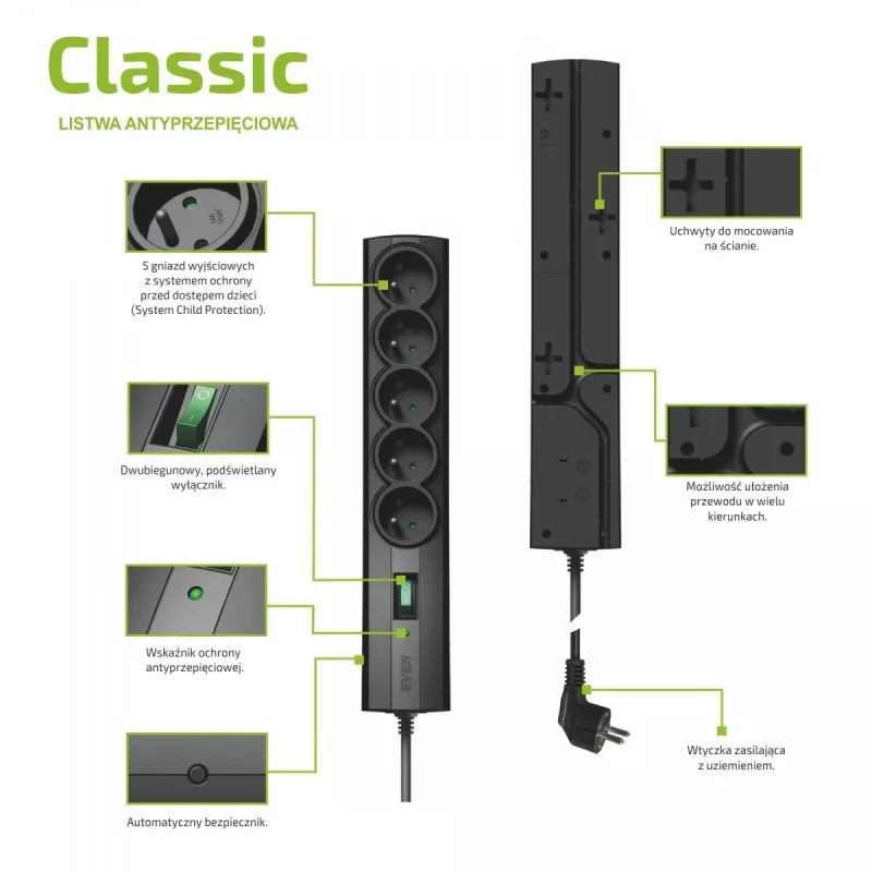Überspannungsschutz-Steckdosenleiste EVER CLASSIC, 5x Typ-E-Steckdosen, 250 V, 1,5 m Kabel, 175 J, mit Schalter