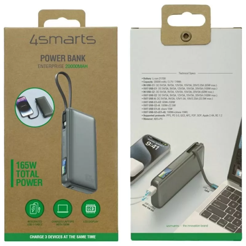 Powerbank 4smarts 541603 — Li‑Ion 20000 mAh, USB‑C + USB‑A, 165W Gesamtleistung, 5A, grau