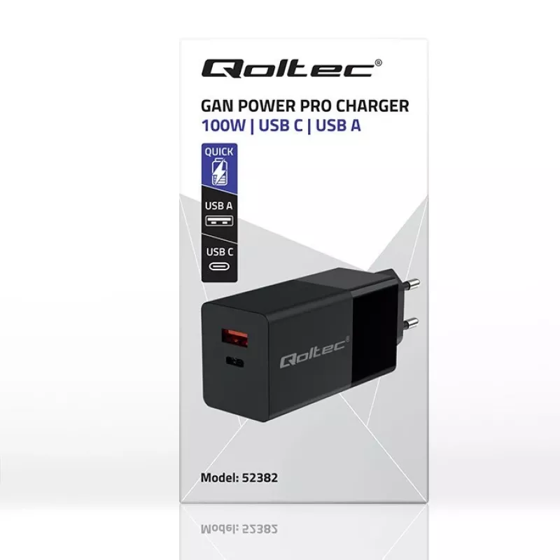Qoltec 52382 GaN POWER PRO Ladegerät | 1xUSB Typ C | 1xUSB A | 100W | 5-20V | 1.5-5A | PD | Schwarz