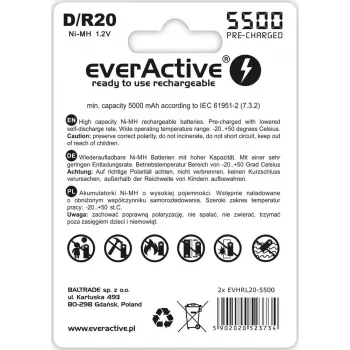 Wiederaufladbare Batterie everActive EVHRL20-5500 D NiMH 1,2 V 5500 mAh, 2er-Pack
