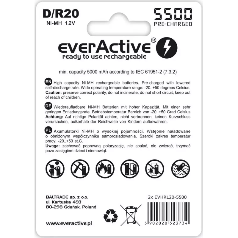 Wiederaufladbare Batterie everActive EVHRL20-5500 D NiMH 1,2 V 5500 mAh, 2er-Pack