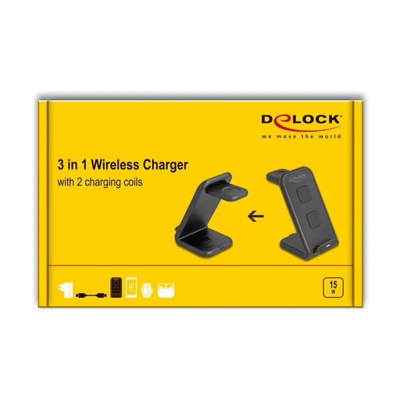 DELOCK 66941 Kabelloses Ladegerät 3-in-1 für Smartphone Smartwatch Kopfhörer USB Typ-C 15 W Indoor Schwarz