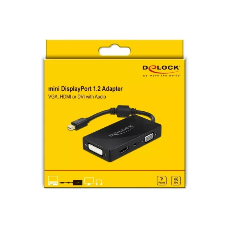 DeLOCK Mini DisplayPort 1.2 auf VGA HDMI DVI Audio 4K passiv schwarz
