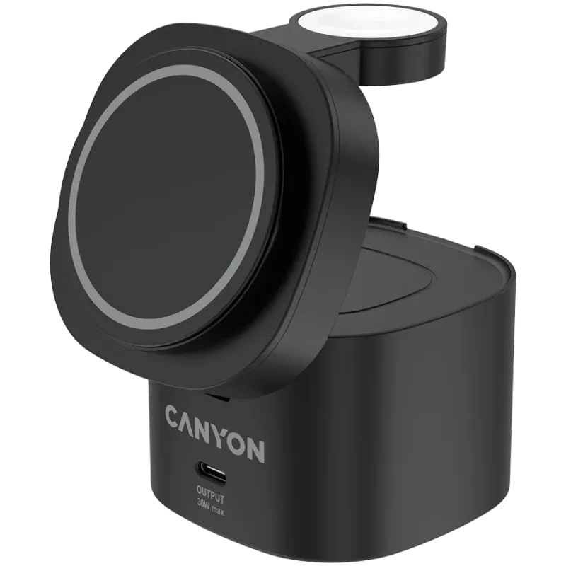 Canyon 4-in-1 Wireless Charging Stand, 30W max, Größe: 70x70x70,3 mm, Gewicht: 414 g, mit 65W Ladegerät und 1 m Kabel, schwarz