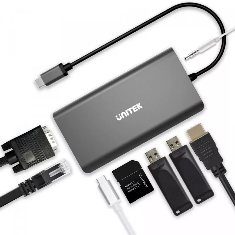 UNITEK uHUB O8+ Kabelgebundener USB 3.2 Gen 1 Type-C Hub, Grau, 100W Power Delivery
