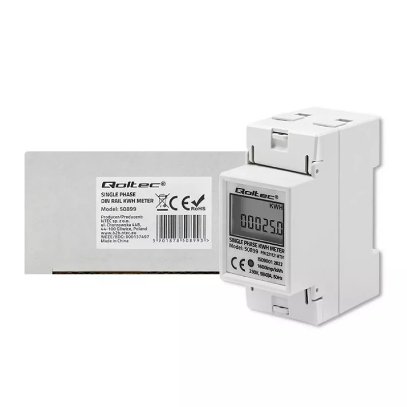 Einphasen-Energieverbrauchszähler QOLTEC 50899 230 V 50 Hz, 5(60)A, Klasse 1.0, LCD