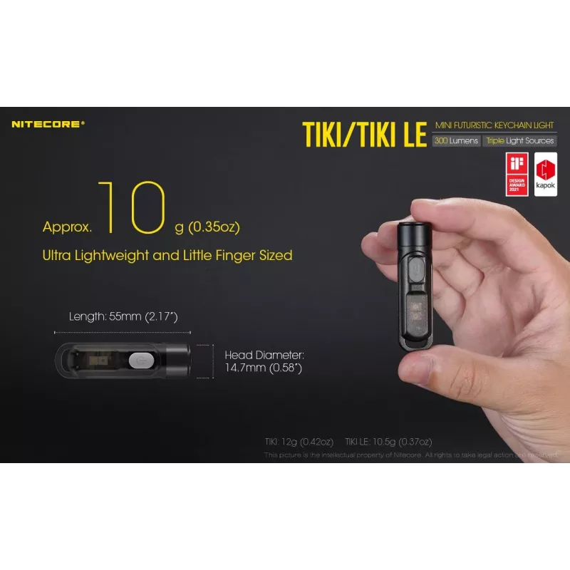 Handtaschenlampe Nitecore TIKI LE — 300 lm, USB-wiederaufladbar, Polycarbonat, IP66, stoßfest, 10,5 g, 55 mm, Schwarz