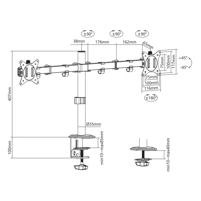 Monitor-Wandhalterung SBOX LCD-352/2-2 für 13–32 Zoll Bildschirme, Doppelarm, 2×8 kg Traglast, VESA 100×100