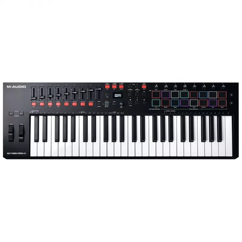M-Audio Oxygen Pro 49 MIDI-Tastatur-Controller — 49 Tasten, 16 Pads, 9 Fader, OLED-Display, USB, MIDI-Out
