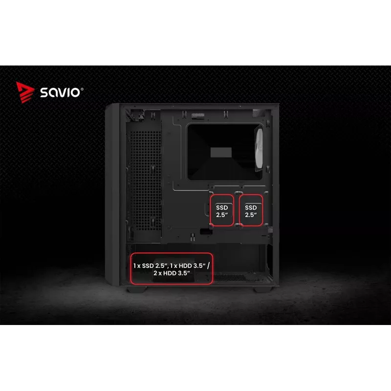 PC Cube Gehäuse SAVIO Noctis Glass RGB — Schwarz, ATX/Micro-ATX, 210×410×450 mm, 3×120 mm Frontlüfter