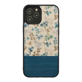 Handyhülle man and wood für iPhone 12 / 12 Pro — blaue Blume auf schwarz
