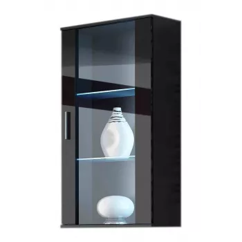 Vitrinenschrank Cama Meble SOHO wandmontiert 1-türig schwarzer Rahmen matt / schwarz glänzende Tür mit 2 Glasböden aus gehärtetem Glas