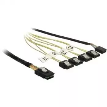 Internes Mini-SAS-zu-4×SATA-Kabel DELOCK 0,5 m — Mini SAS SFF-8087 zu 4×SATA 7p, Schwarz/Silber/Gelb