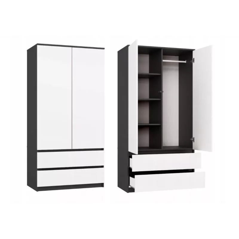 Kleiderschrank top e shop MALWA SS-90, 90×180×50 cm, anthrazitfarbener Rahmen, weiße Drehtüren, 2 Schubladen, Laminat 16 mm