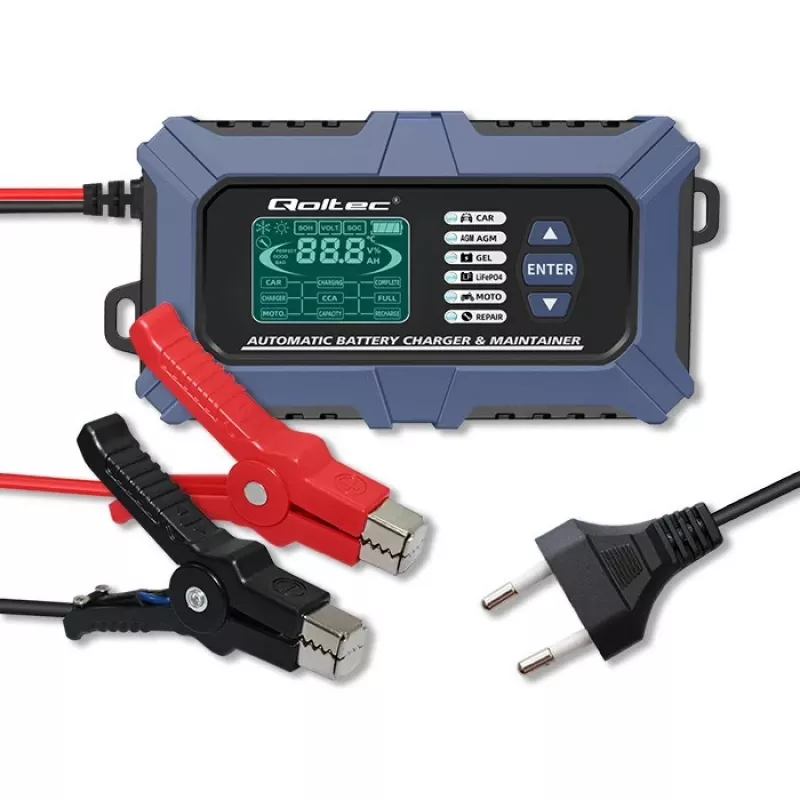 Qoltec Smart Microprocessor Battery Charger mit Batterietester und 12V-Reparaturfunktion | 6A | LCD | Batterieladegerät für AGM LiFePO4 GEL Batterie