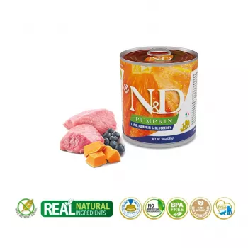 Nassfutter für Hunde Farmina N&D Lamb Pumpkin Blueberry Adult 285 g Dose, Alleinfuttermittel für ausgewachsene Hunde, 75 % Feuchtigkeit, 11 % Protein, 7 % Fett