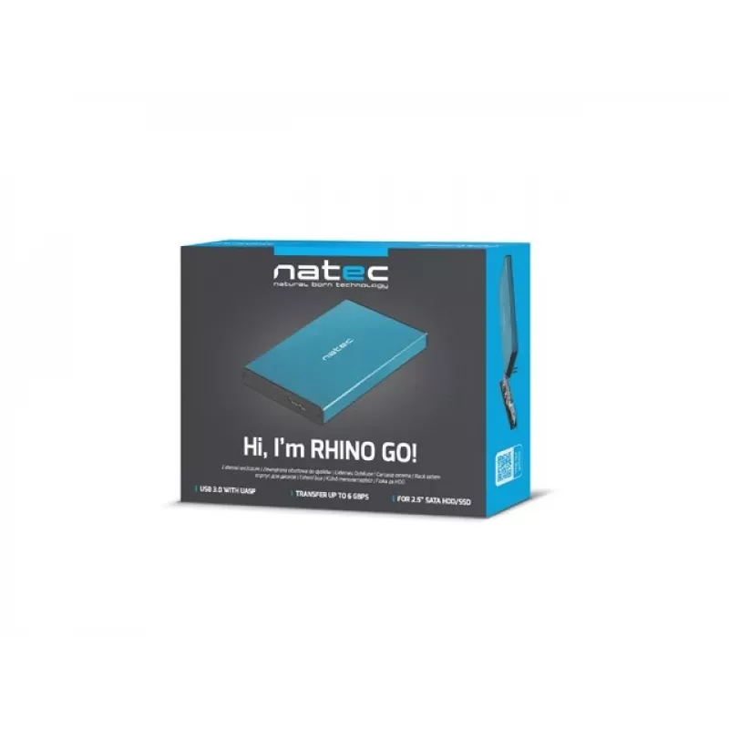 Externes HDD/SSD-Gehäuse NATEC Rhino GO 2,5 Zoll — USB 3.0, SATA III, bis zu 4 TB, 9,5 mm, Aluminium, blau