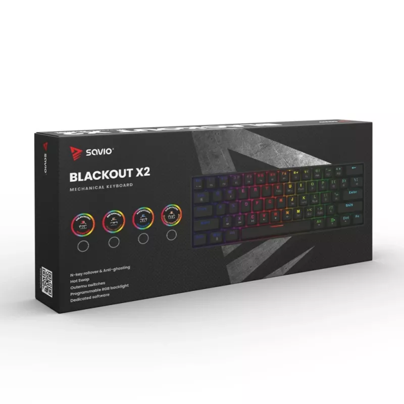 Mechanische Gaming-Tastatur SAVIO SchwarzOUT X2 PEACH — 61 Tasten 60 % QWERTZ, RGB LED, Hot-Swap, USB Typ-A/Typ-C, abnehmbares Kabel