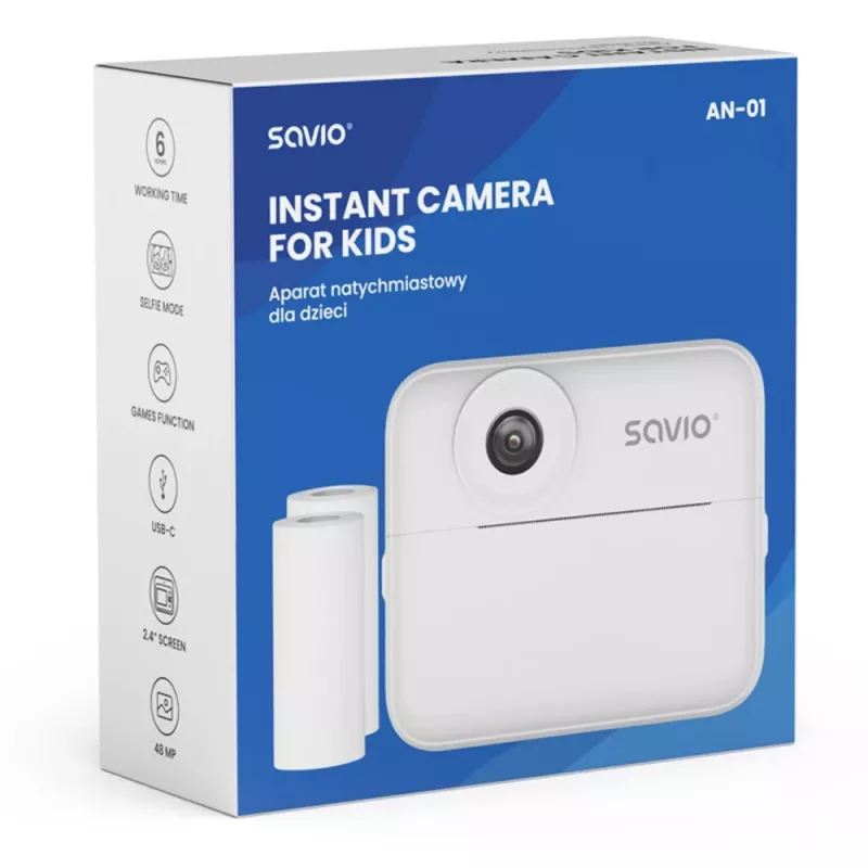 Sofortbildkamera SAVIO AN-01 für Kinder, weiß, 6,1 cm (2,4″) LCD, MicroSDHC bis zu 32 GB, USB-C, 1200 mAh Akku, kein eingebauter Blitz