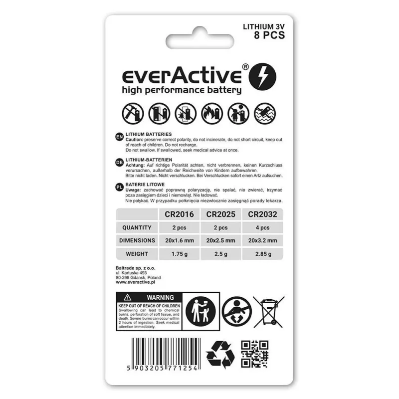 8 Lithium-Batterien-Set everActive 4 x CR2032, 2 x CR2025, 2 x CR2016