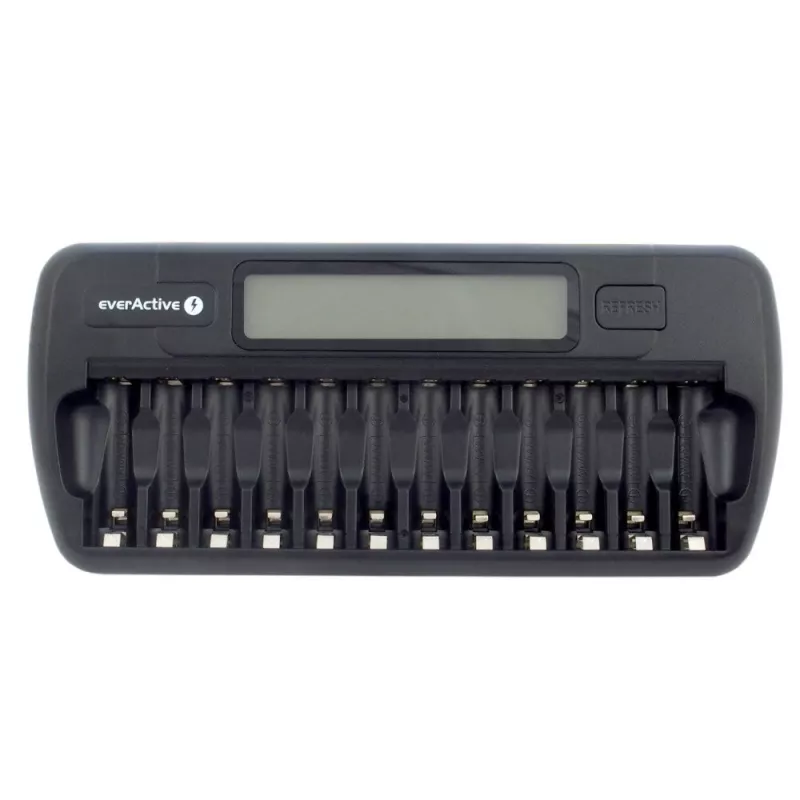 Batterieladegerät everActive NC-1200 – universelles 12-fach-Ladegerät für AA/AAA, 12 V Eingang, schwarz