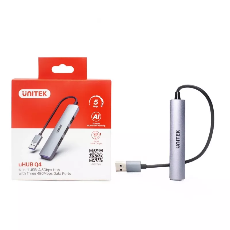 USB-Hub Unitek H1208A — 4 Ports (1 × USB 3.2 Gen 1 Typ-A, 3 × USB 2.0), Aluminiumgehäuse, grau, 0,20 m Kabel
