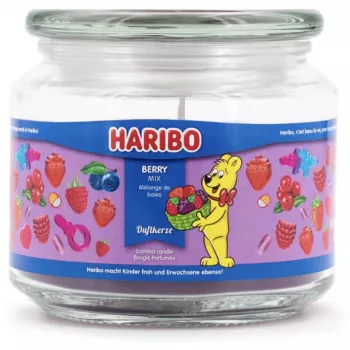 Wachskerze Haribo A2168 Rund Brombeere-Himbeere-Erdbeere, Pink, 100 mm × 100 mm, 300 g, Glasbehälter