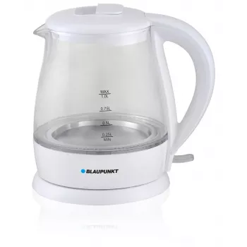 Elektrischer Wasserkocher BLAUPUNKT 1 L 1630 W Weiß — Glaskörper, 360°-Basis, Tastenöffnung