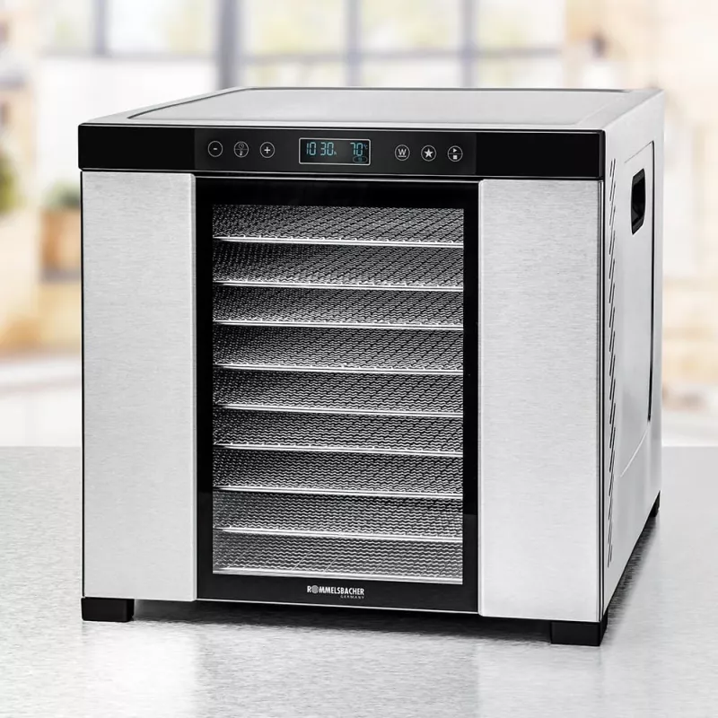Dörrautomat Rommelsbacher DA1050, Edelstahl, 5 Etagen (10 Edelstahlbleche), einstellbar 35–75 °C, 99 h Timer, 1,6 m² Trockenfläche