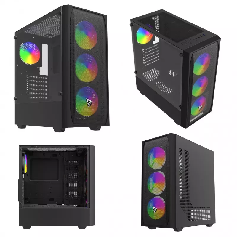PC-Gehäuse SAVIO Noctis Flow RGB — Cube, ATX/Mini-ITX, 3x 120 mm Frontlüfter, Seitenfenster aus gehärtetem Glas, max. GPU 35 cm