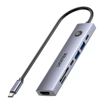 USB-C-Hub Unitek H1124AGY01 mit 100W PD, HDMI 2.0, 2x USB‑A, 2x USB‑C, SD/microSD-Kartenleser — Aluminium