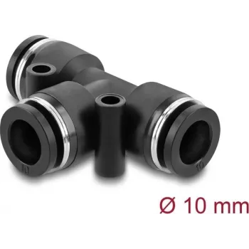 Pneumatischer T‑Verbinder DELOCK 10 mm mit zwei Montagelöchern, schwarz Metall/Kunststoff, Innengewinde, 55 mm
