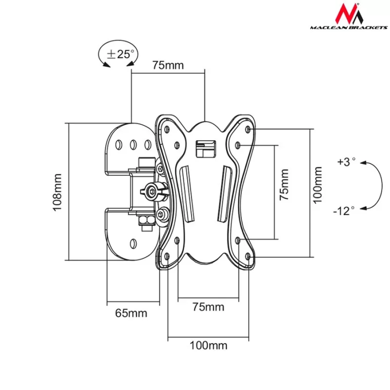 Wandhalterung MACLEAN MC-670 — verstellbar, bis zu 20 kg, VESA 100x100, für 13–27-Zoll-Monitore, schwarz