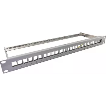 19-Zoll Keystone Patchfeld 1HE 24-Port mit Kabelzugentlastungsschiene, helos 371981, grau