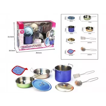 Metallküchenset 8-teilig von Madej — Spielzeug-Metallkochgeschirr und -utensilien, Spielküchenzubehör