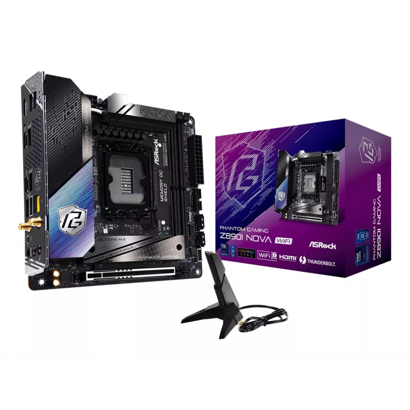 ASRock Phantom Gaming Z890I Nova WiFi Mainboard — Intel Z890, LGA 1851, Mini-ITX, DDR5, 2x M.2, Wi‑Fi 6E/7, 5Gb LAN, Thunderbolt