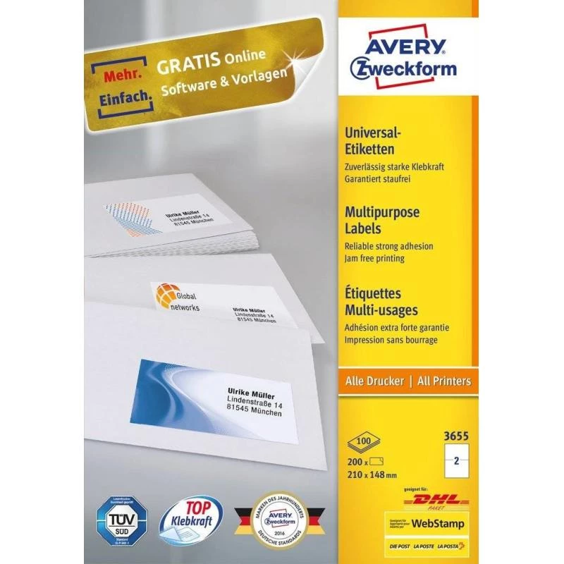 Avery 3655 Selbstklebeetiketten Rechteckig Permanent Weiß 200 Stück