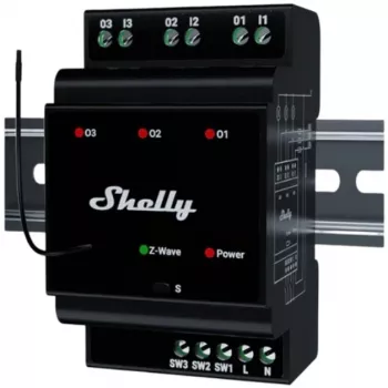 Intelligentes Relais Shelly Wave PRO 3 — schwarz, Kunststoffgehäuse, 110–240 V AC, 50–60 Hz, 0,3 W, 53×59×96 mm