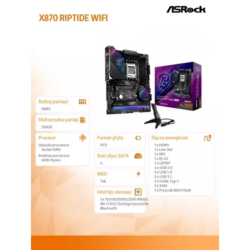 Motherboard ASRock X870 Riptide WiFi — ATX, AMD X870, Sockel AM5, DDR5, 4 DIMM, 256 GB, Wi‑Fi 7, 2,5GbE