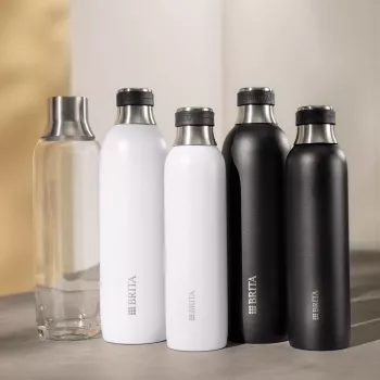 Karbonisierflasche BRITA 118426 – 1 L Glasflasche mit Edelstahlkappe, 287 mm Höhe, 2er-Pack