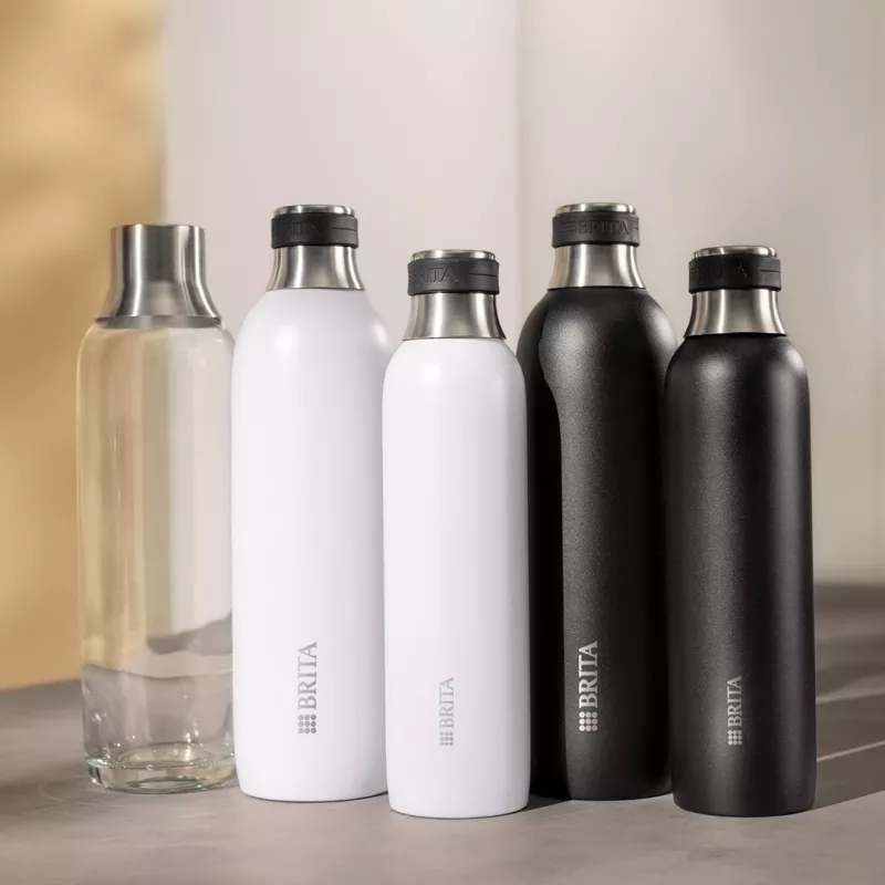 Karbonisierflasche BRITA 118426 – 1 L Glasflasche mit Edelstahlkappe, 287 mm Höhe, 2er-Pack