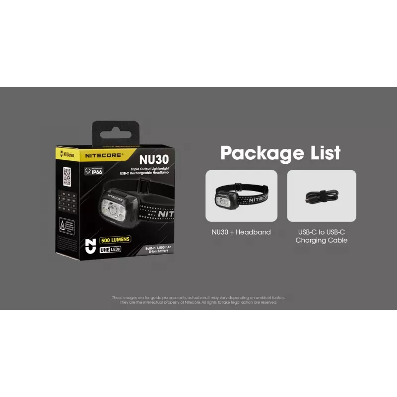 Stirnlampe Nitecore NU30 — kompakte, tragbare LED-Stirnlampe, bis zu 500 Lumen, mehrere Leistungsstufen, Rotlichtmodus