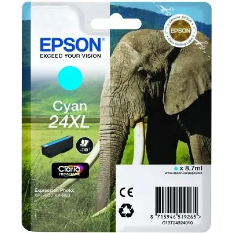 Epson Elephant Einzelpackung Cyan 24XL Claria Photo HD Tinte, Cyan, 1 Stk.