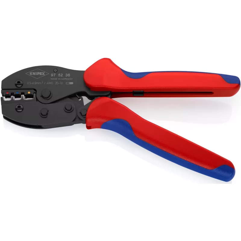 Crimpwerkzeug Knipex PreciForce Modell 975236 SB — isolierte Griffe in Schwarz, Blau und Rot