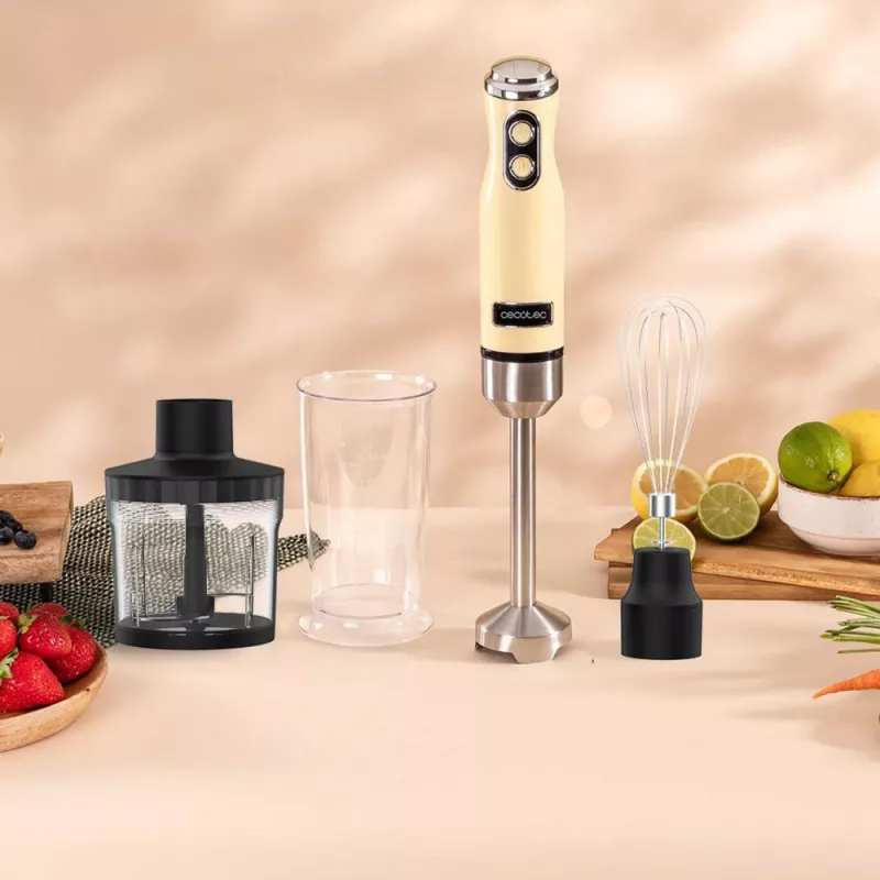 Handmixer CECOTEC Power Mixer RetroGelb 1200MAX Cream&Crush, 1200 W, mehrere Geschwindigkeiten, Knethaken und Quirle