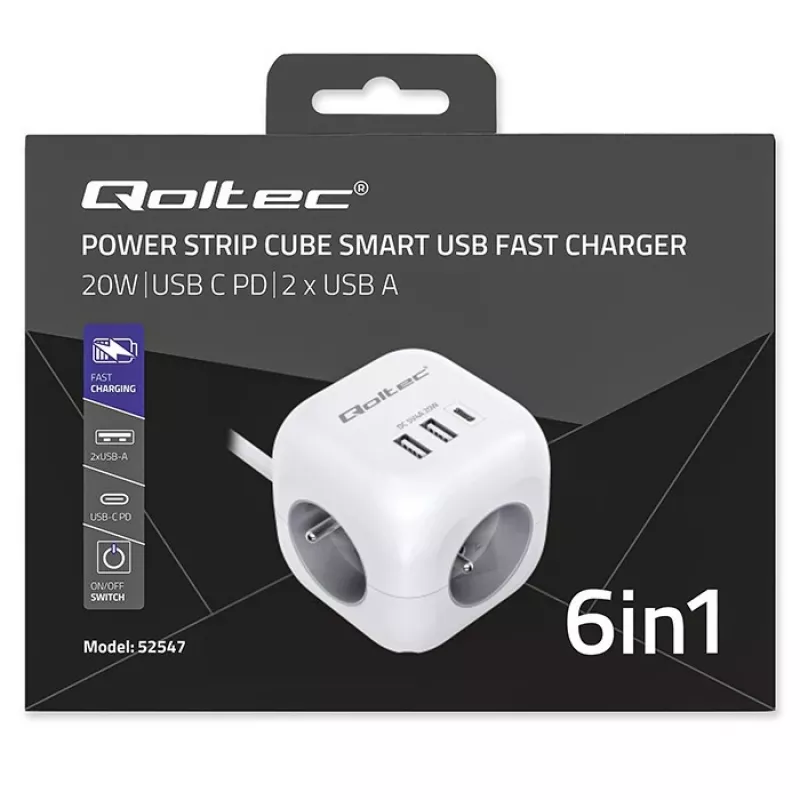 Power Cube QOLTEC 52547 Steckdosenleiste 3×AC-Steckdosen, 2×USB-A, 1×USB-C PD 20W
