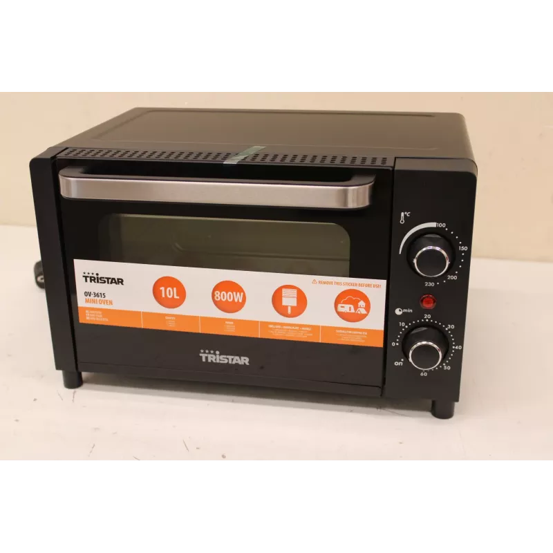 AUSVERKAUF. Tristar OV-3615 Mini-Backofen, Schwarz | Tristar | Mini-Backofen | OV-3615 | 10 L | 800 W | Schwarz | BESCHÄDIGTE VERPACKUNG, UNGLEICHMÄSSIGER SPALT ZWISCHEN GLAS UND TÜRLEISTE