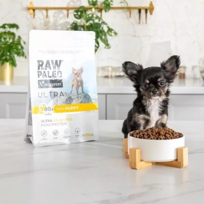 Trockenfutter für Hunde VETEXPERT Raw Paleo Ultra Mini Puppy Truthahn 750 g — Welpenfutter für kleine Rassen, 30 % Protein, 14 % Fett