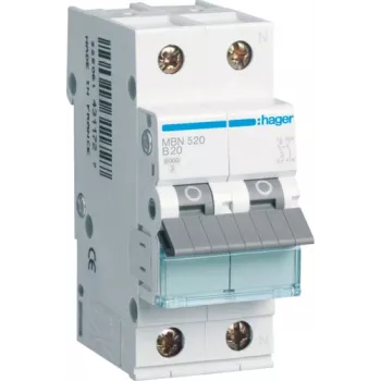 Hager MBN520. Polzahl: 2P. Netzfrequenz: 50/60 Hz, Bemessungsausgangsstrom: 20 A (MBN520)